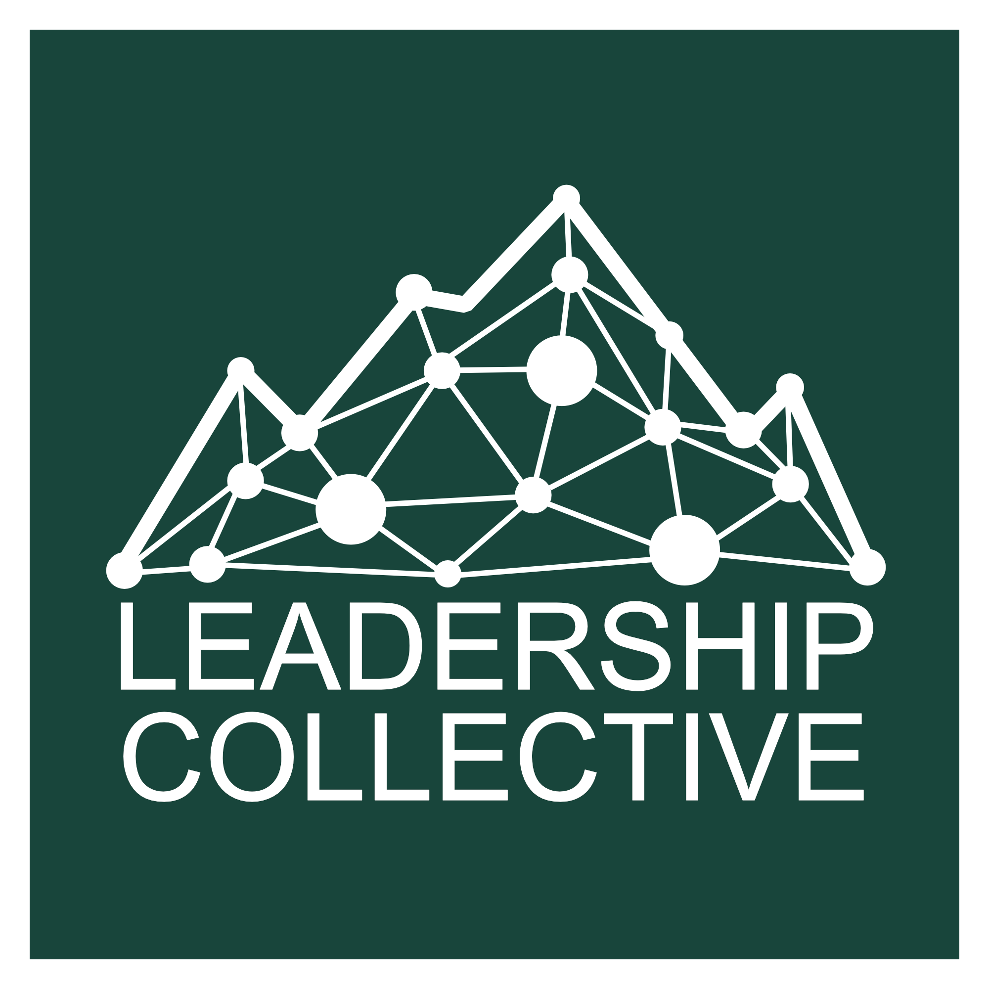 A green box with white text that says Leadership Collective and an image of dots connecting to form a mountain