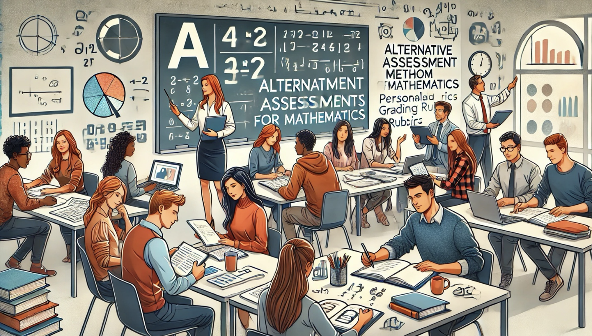 Math SUTL A graphic of a classroom of students performing math equations.