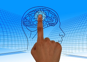 hand pointing to image of brain