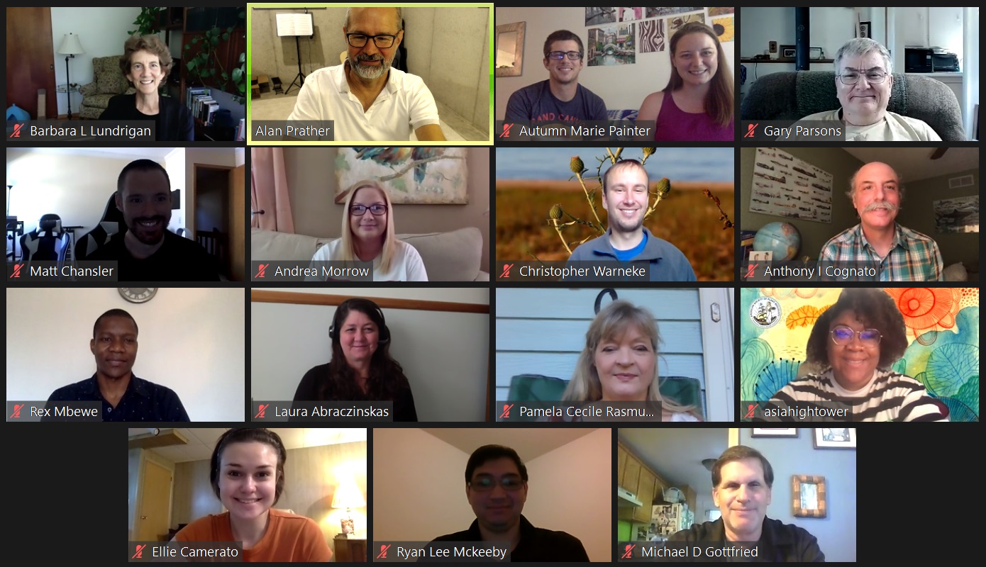 A screenshot from previous Natural Science Collections Intern Program meeting. In the image: Barb Lundrigan, Alan Prather, Autumn Painter, Jeffrey Painter, Gary Parsons, Matt Chansler, Andrea Morrow, Christopher Warneke, Anthony Cognato, Rex Mbewe, Laura Abraczinskas, Pam Rasmussen, Asia Hightower, Ellie Camerato, Ryan McKeeby, and Mike Gottfried