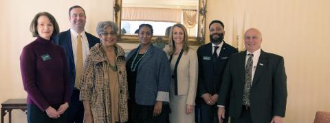 Left to Right, Dr. Judith Stoddart, (Associate Provost/Associate Dean), Andy Krochalk (TIAA), Sharon Claytor Petters        (Former President Michigan Children’s), Subun Nur Cooley, (Ruth Simms Hamilton Merit Fellow), Julie Hanson (TIAA), Dr. Pero Dagbovie, (University Distinguished Professor, Associate Dean,) Doug DiCocco (TIAA)