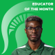 EOTM Savoir Kitcher Educator of the Month Savior Kitcher in front of a green background with the Spartan helmet.