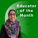 Educator of the Month, December 2023: Ahlam Soliman Ahlam Soliman in a multicolored head covering against a green background with the Spartan helmet. Text reads Educator of the Month.