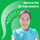 Educator of the Month Garam Lee in front of a green background with the Spartan helmet.